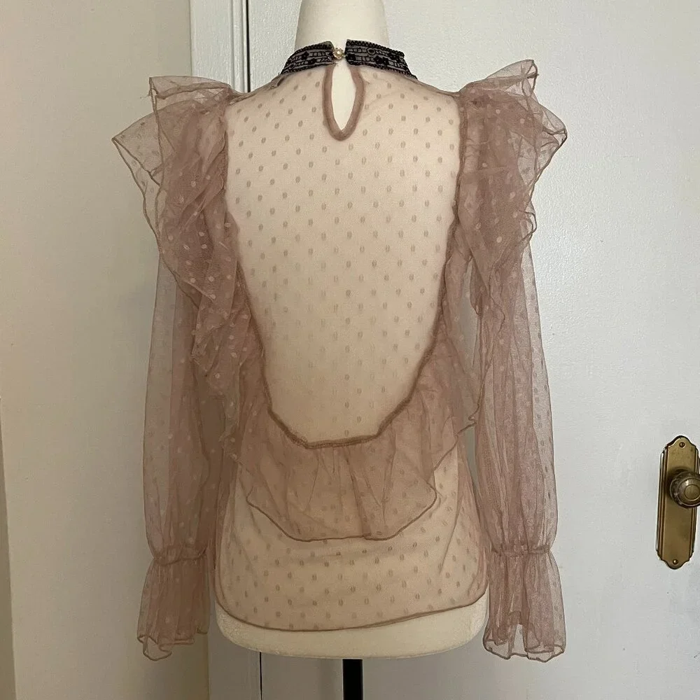 Romantic Sheer Ruffle Blouse with Embroidered Detail - Picture 5 of 9